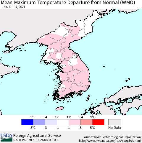 Korea Mean Maximum Temperature Departure from Normal (WMO) Thematic Map For 1/11/2021 - 1/17/2021