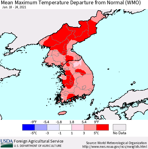 Korea Mean Maximum Temperature Departure from Normal (WMO) Thematic Map For 1/18/2021 - 1/24/2021