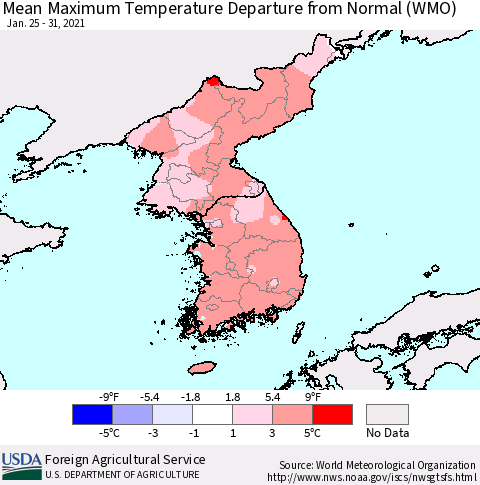 Korea Mean Maximum Temperature Departure from Normal (WMO) Thematic Map For 1/25/2021 - 1/31/2021