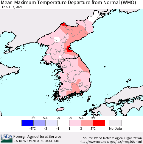 Korea Mean Maximum Temperature Departure from Normal (WMO) Thematic Map For 2/1/2021 - 2/7/2021