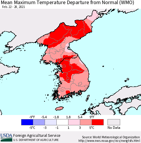 Korea Mean Maximum Temperature Departure from Normal (WMO) Thematic Map For 2/22/2021 - 2/28/2021