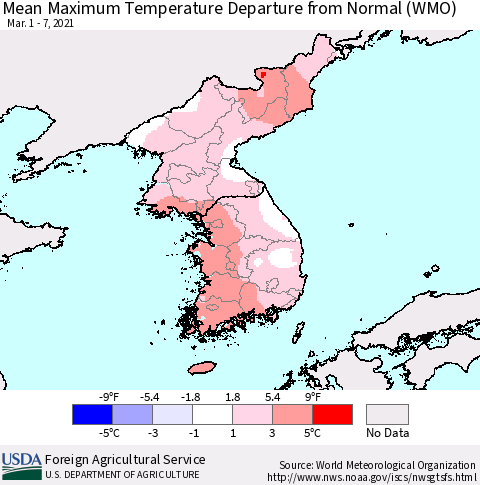 Korea Mean Maximum Temperature Departure from Normal (WMO) Thematic Map For 3/1/2021 - 3/7/2021