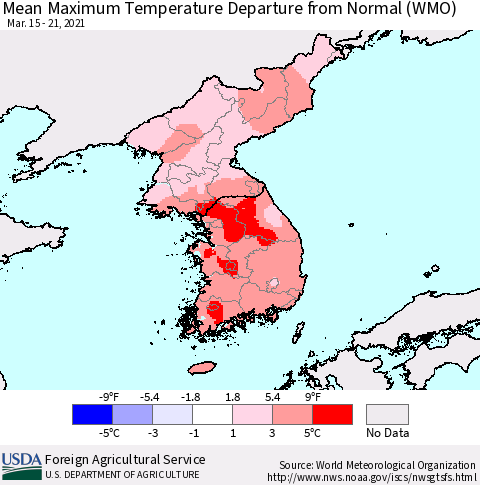 Korea Mean Maximum Temperature Departure from Normal (WMO) Thematic Map For 3/15/2021 - 3/21/2021