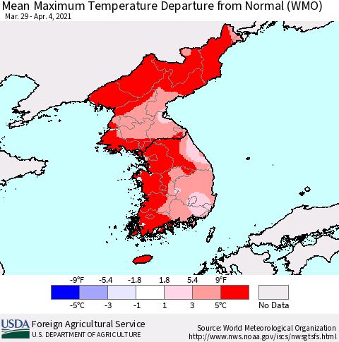 Korea Mean Maximum Temperature Departure from Normal (WMO) Thematic Map For 3/29/2021 - 4/4/2021