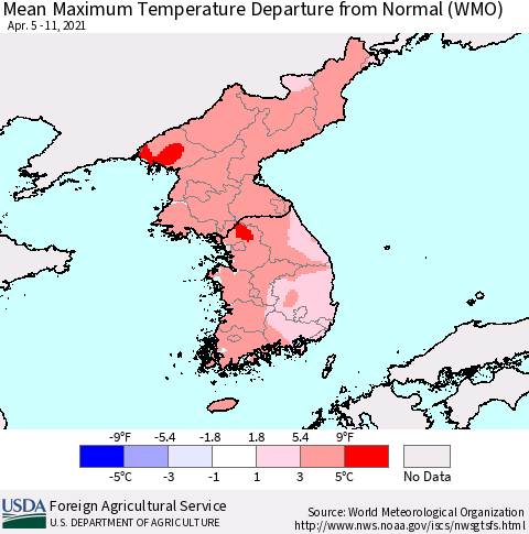 Korea Mean Maximum Temperature Departure from Normal (WMO) Thematic Map For 4/5/2021 - 4/11/2021