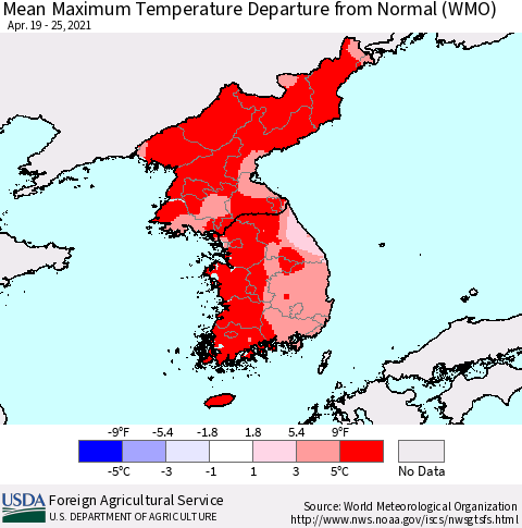 Korea Mean Maximum Temperature Departure from Normal (WMO) Thematic Map For 4/19/2021 - 4/25/2021
