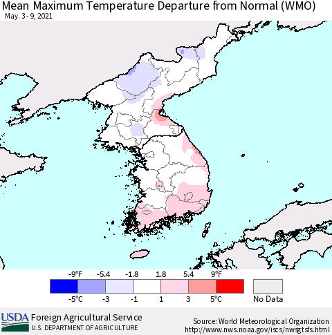 Korea Mean Maximum Temperature Departure from Normal (WMO) Thematic Map For 5/3/2021 - 5/9/2021
