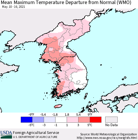 Korea Mean Maximum Temperature Departure from Normal (WMO) Thematic Map For 5/10/2021 - 5/16/2021