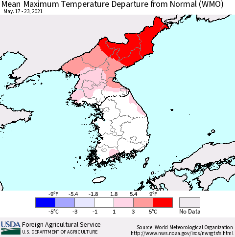 Korea Mean Maximum Temperature Departure from Normal (WMO) Thematic Map For 5/17/2021 - 5/23/2021