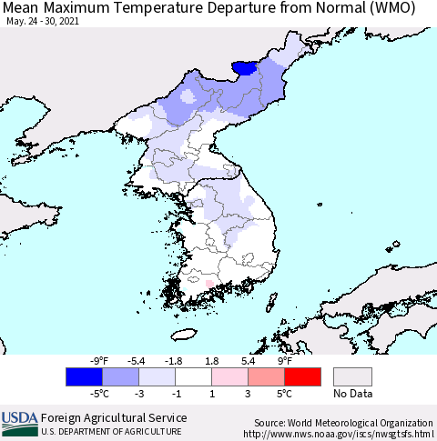 Korea Mean Maximum Temperature Departure from Normal (WMO) Thematic Map For 5/24/2021 - 5/30/2021