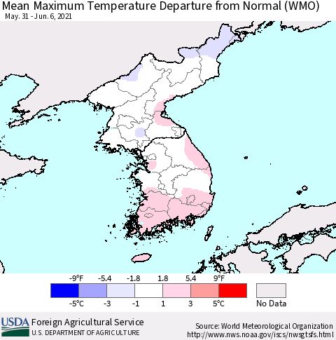 Korea Mean Maximum Temperature Departure from Normal (WMO) Thematic Map For 5/31/2021 - 6/6/2021