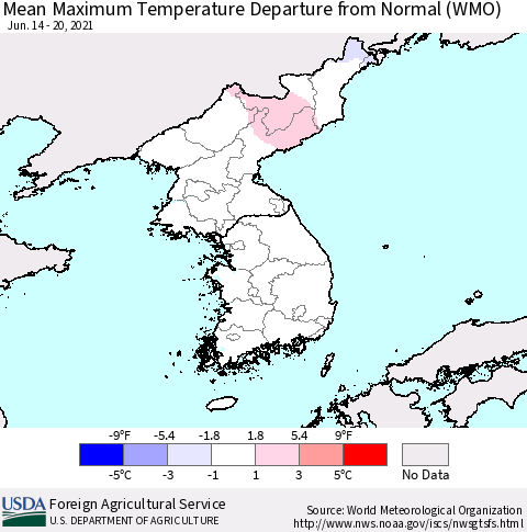Korea Mean Maximum Temperature Departure from Normal (WMO) Thematic Map For 6/14/2021 - 6/20/2021