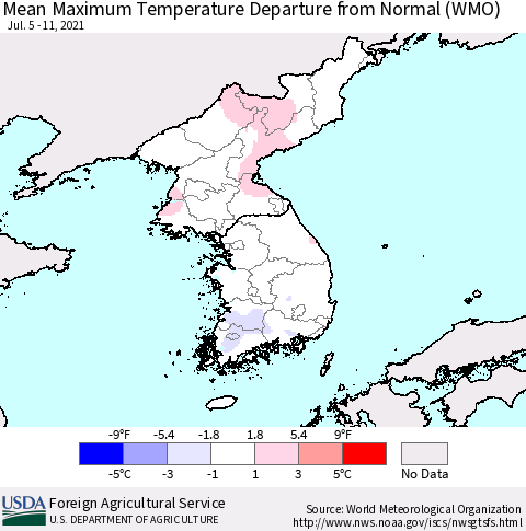 Korea Mean Maximum Temperature Departure from Normal (WMO) Thematic Map For 7/5/2021 - 7/11/2021