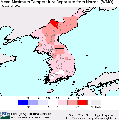 Korea Mean Maximum Temperature Departure from Normal (WMO) Thematic Map For 7/12/2021 - 7/18/2021