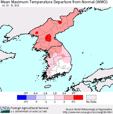 Korea Mean Maximum Temperature Departure from Normal (WMO) Thematic Map For 7/19/2021 - 7/25/2021