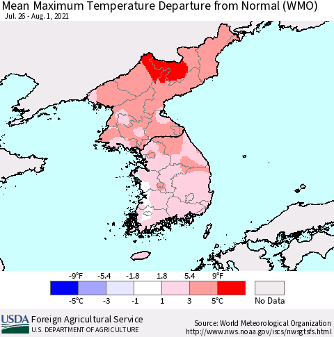 Korea Mean Maximum Temperature Departure from Normal (WMO) Thematic Map For 7/26/2021 - 8/1/2021
