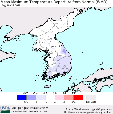 Korea Mean Maximum Temperature Departure from Normal (WMO) Thematic Map For 8/16/2021 - 8/22/2021
