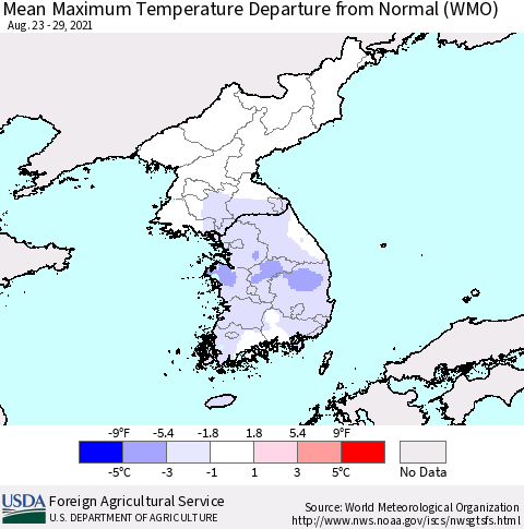 Korea Mean Maximum Temperature Departure from Normal (WMO) Thematic Map For 8/23/2021 - 8/29/2021