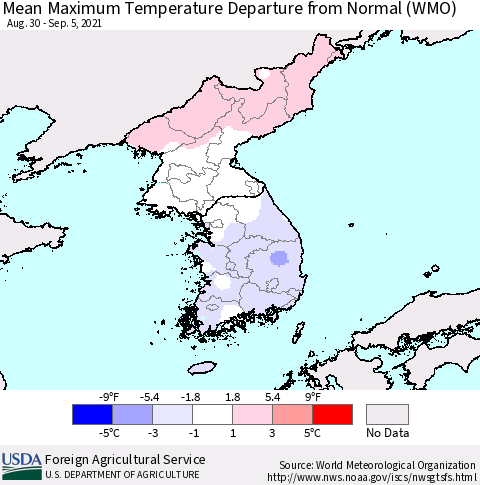 Korea Mean Maximum Temperature Departure from Normal (WMO) Thematic Map For 8/30/2021 - 9/5/2021