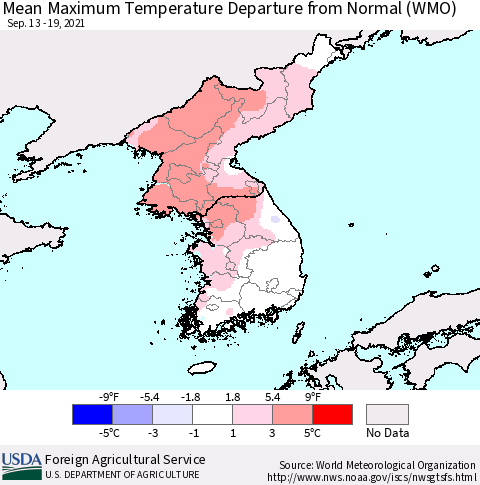 Korea Mean Maximum Temperature Departure from Normal (WMO) Thematic Map For 9/13/2021 - 9/19/2021