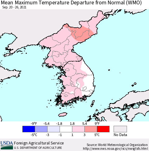 Korea Mean Maximum Temperature Departure from Normal (WMO) Thematic Map For 9/20/2021 - 9/26/2021