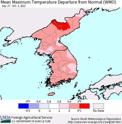 Korea Mean Maximum Temperature Departure from Normal (WMO) Thematic Map For 9/27/2021 - 10/3/2021