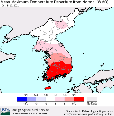 Korea Mean Maximum Temperature Departure from Normal (WMO) Thematic Map For 10/4/2021 - 10/10/2021