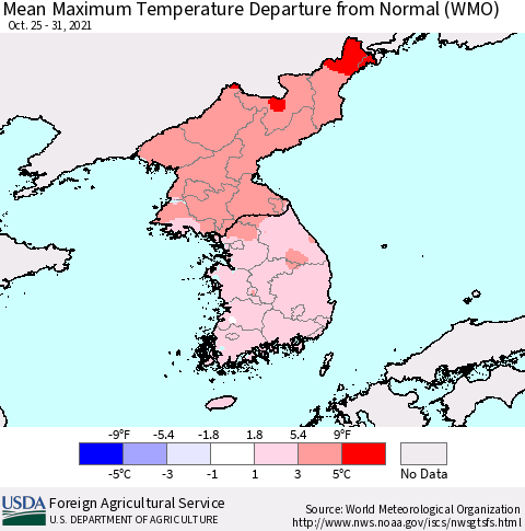 Korea Mean Maximum Temperature Departure from Normal (WMO) Thematic Map For 10/25/2021 - 10/31/2021