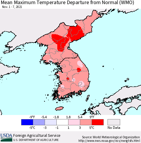 Korea Mean Maximum Temperature Departure from Normal (WMO) Thematic Map For 11/1/2021 - 11/7/2021