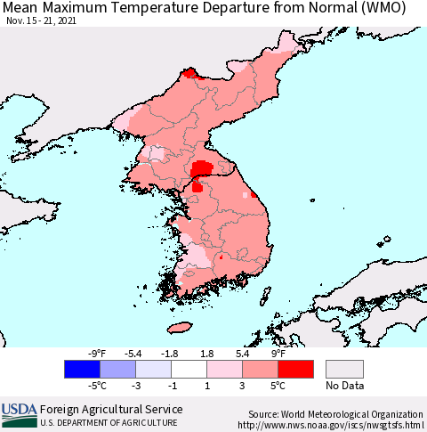 Korea Mean Maximum Temperature Departure from Normal (WMO) Thematic Map For 11/15/2021 - 11/21/2021