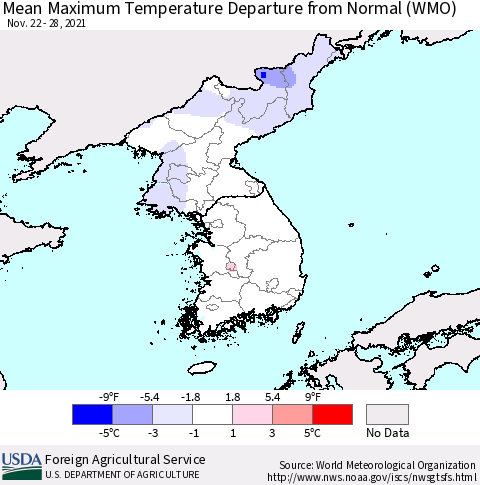 Korea Mean Maximum Temperature Departure from Normal (WMO) Thematic Map For 11/22/2021 - 11/28/2021
