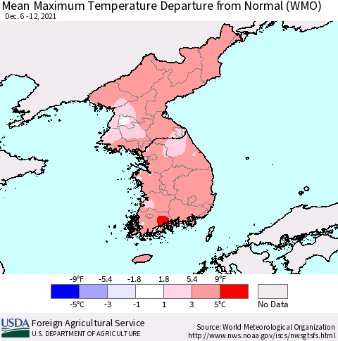 Korea Mean Maximum Temperature Departure from Normal (WMO) Thematic Map For 12/6/2021 - 12/12/2021