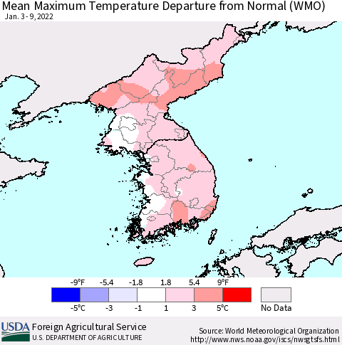 Korea Mean Maximum Temperature Departure from Normal (WMO) Thematic Map For 1/3/2022 - 1/9/2022