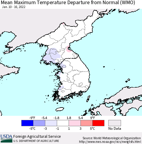 Korea Mean Maximum Temperature Departure from Normal (WMO) Thematic Map For 1/10/2022 - 1/16/2022