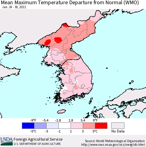 Korea Mean Maximum Temperature Departure from Normal (WMO) Thematic Map For 1/24/2022 - 1/30/2022