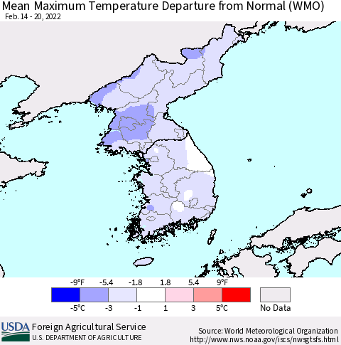 Korea Mean Maximum Temperature Departure from Normal (WMO) Thematic Map For 2/14/2022 - 2/20/2022