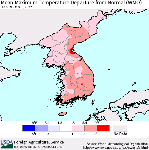 Korea Mean Maximum Temperature Departure from Normal (WMO) Thematic Map For 2/28/2022 - 3/6/2022