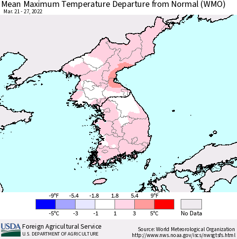 Korea Mean Maximum Temperature Departure from Normal (WMO) Thematic Map For 3/21/2022 - 3/27/2022