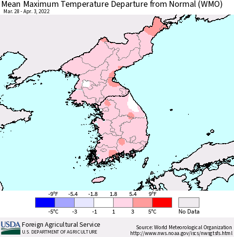 Korea Mean Maximum Temperature Departure from Normal (WMO) Thematic Map For 3/28/2022 - 4/3/2022