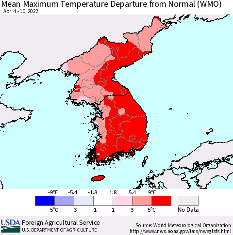 Korea Mean Maximum Temperature Departure from Normal (WMO) Thematic Map For 4/4/2022 - 4/10/2022