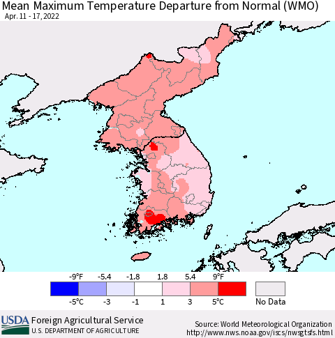 Korea Mean Maximum Temperature Departure from Normal (WMO) Thematic Map For 4/11/2022 - 4/17/2022