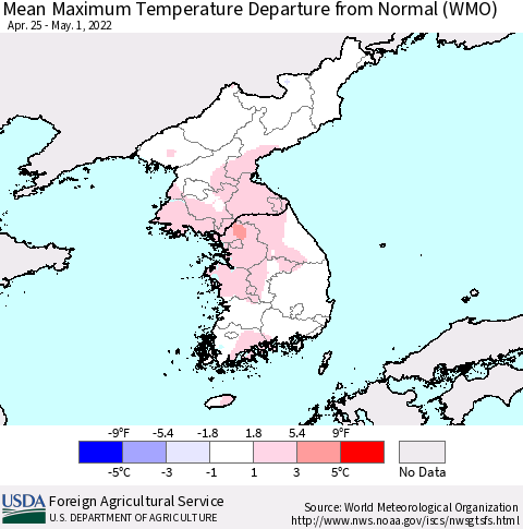 Korea Mean Maximum Temperature Departure from Normal (WMO) Thematic Map For 4/25/2022 - 5/1/2022