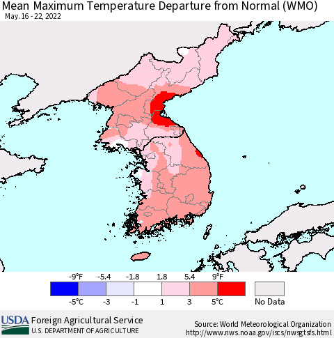 Korea Mean Maximum Temperature Departure from Normal (WMO) Thematic Map For 5/16/2022 - 5/22/2022