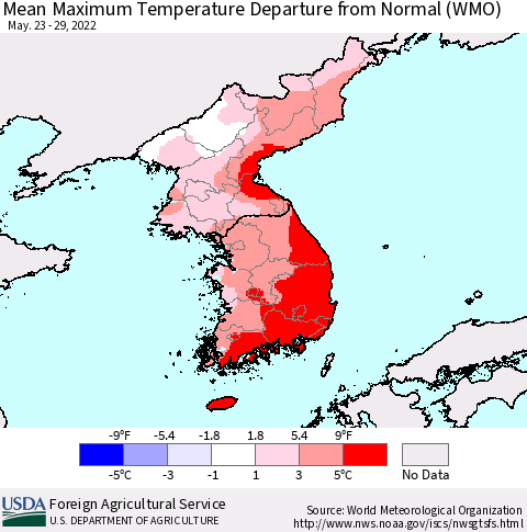 Korea Mean Maximum Temperature Departure from Normal (WMO) Thematic Map For 5/23/2022 - 5/29/2022