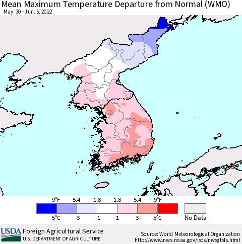 Korea Mean Maximum Temperature Departure from Normal (WMO) Thematic Map For 5/30/2022 - 6/5/2022