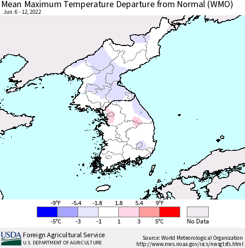Korea Mean Maximum Temperature Departure from Normal (WMO) Thematic Map For 6/6/2022 - 6/12/2022