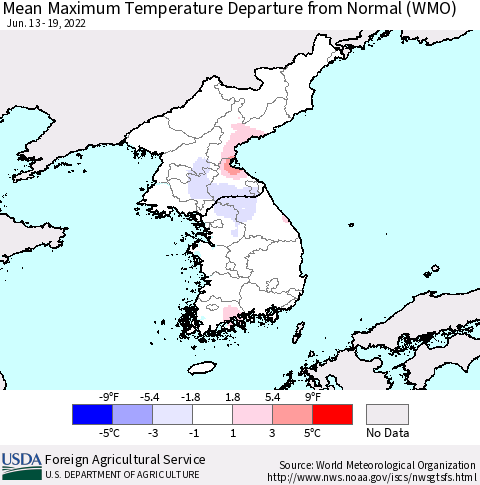 Korea Mean Maximum Temperature Departure from Normal (WMO) Thematic Map For 6/13/2022 - 6/19/2022