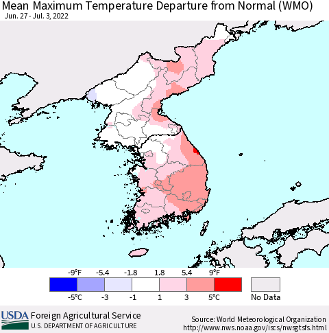 Korea Mean Maximum Temperature Departure from Normal (WMO) Thematic Map For 6/27/2022 - 7/3/2022