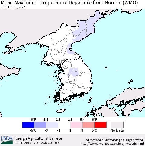 Korea Mean Maximum Temperature Departure from Normal (WMO) Thematic Map For 7/11/2022 - 7/17/2022