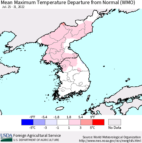Korea Mean Maximum Temperature Departure from Normal (WMO) Thematic Map For 7/25/2022 - 7/31/2022